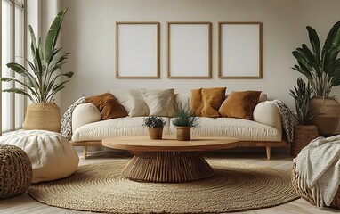 Modern minimalist living room interior design with beige sofa, wooden coffee table, plants, and woven textures.