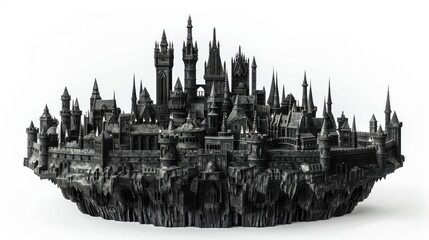 Black 3D-printed fantasy castle city model.