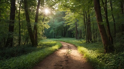 Fototapeta premium Serene Forest Path with Lush Greenery and Sunlit Woodland V2