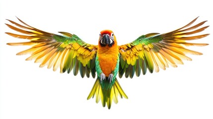 Colorful sun conure parrot, wings slightly spread, isolated against a white background.