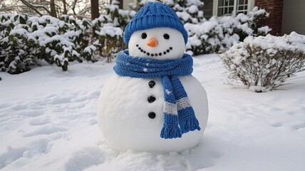 Fototapeta premium Adorable Snowman Wearing Blue Knit Hat And Scarf