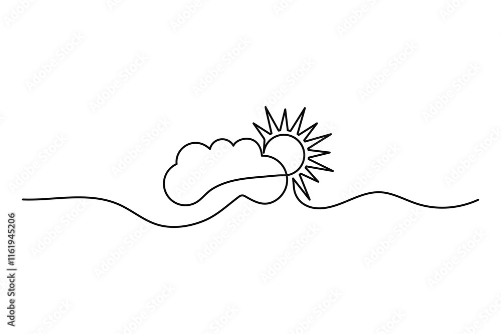 Poster cloud and sun weather continuous one line drawing of abstract and minimalist outline vector art desi