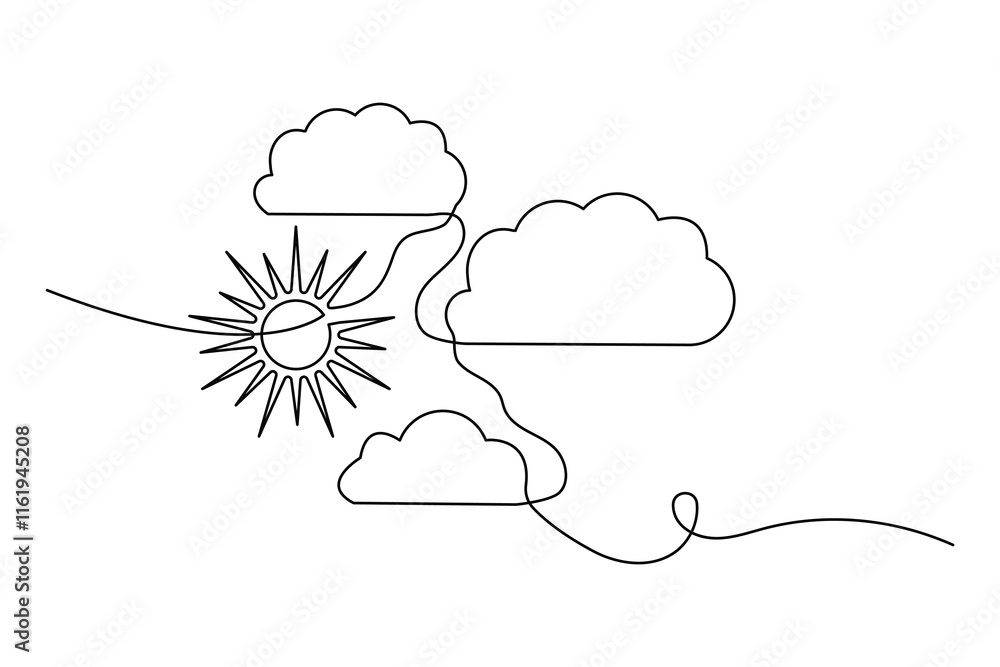Aufkleber cloud and sun weather continuous one line drawing of abstract and minimalist outline vector art desi