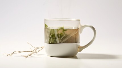 A steaming mug of fragrant herbal tea with a tea bag string resting on a clean white background creating a serene and calming atmosphere for a moment of relaxation and wellness