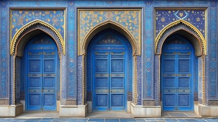 Three Blue Doors with Intricate Archways and Mosaic Walls