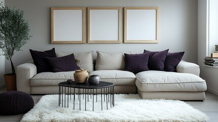 Modern living room interior with beige sectional sofa, purple pillows, three empty frames, coffee table, sheepskin rug, and olive tree.