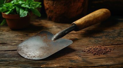 Vintage garden spade with seeds on wooden surface