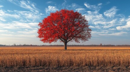 Fototapeta premium Solitary red tree in autumn field under blue sky.