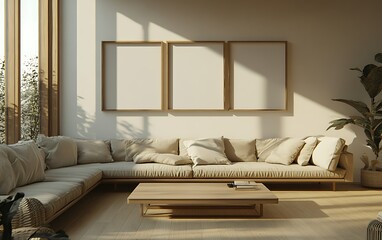 Sunlit minimalist living room with beige sectional sofa, wooden coffee table, and three blank frames.
