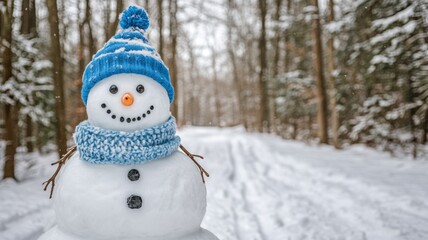 Obraz premium A cheerful snowman stands in a snowy winter forest