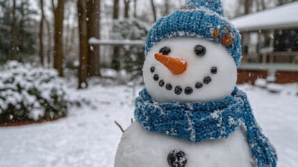 Frosty Snowman Wearing A Blue Knit Hat And Scarf
