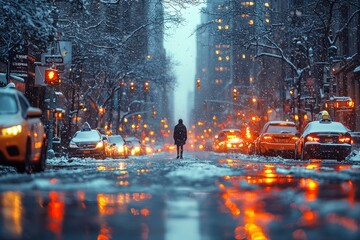 Fototapeta premium Serene Morning in New York City as Snow Falls Gently Over a Quiet Street with Illuminated Cars and Glowing Streetlights