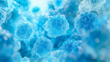 Microscopic view of translucent blue cells floating in a liquid.