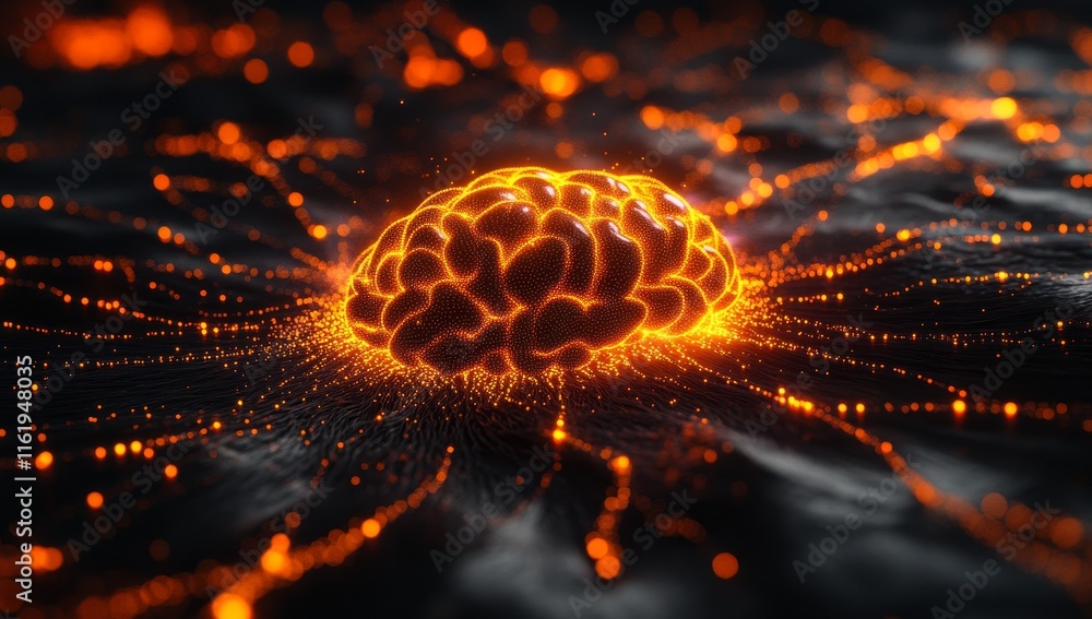 Poster glowing brain with neural network connections.