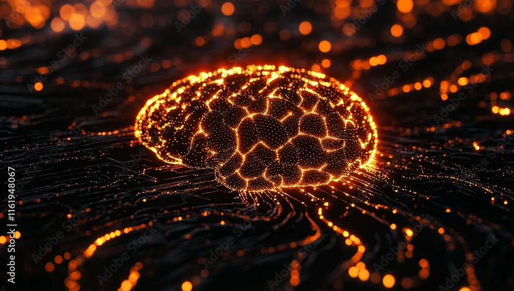 Poster glowing digital brain on dark neural network.