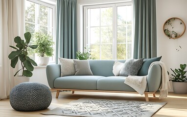 Sunny living room with blue sofa, plants, and patterned rug.