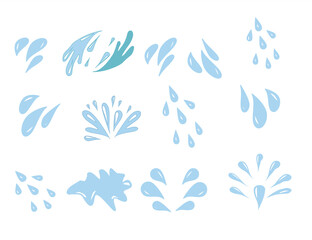 Hand drawn waterdrop illustration. Set of versatile water splash vector illustrations. Collection of light blue water droplet and splash vector graphics.