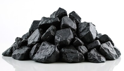 Obraz premium A collection of raw, unpolished black coal rocks stacked together isolated on a white background, ideal for industrial and energy 