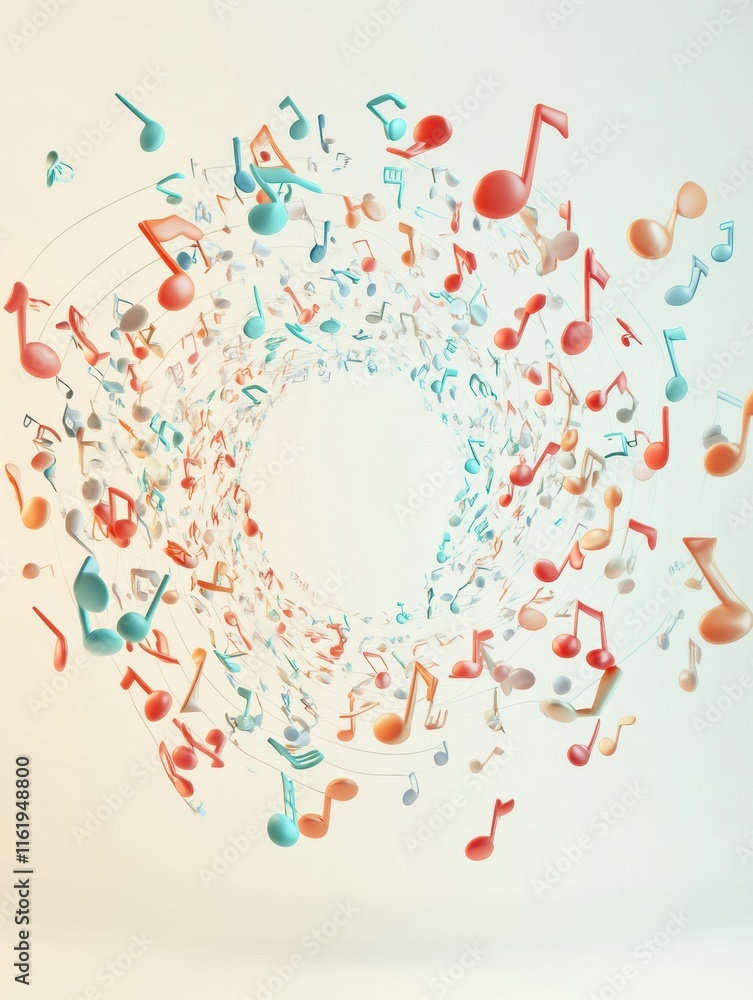 Poster colorful 3d music notes swirling in a circular motion create a dynamic visual rhythm that captivates