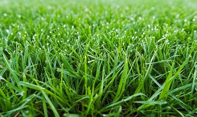 Fototapeta premium Close-up of dew-covered vibrant green grass.