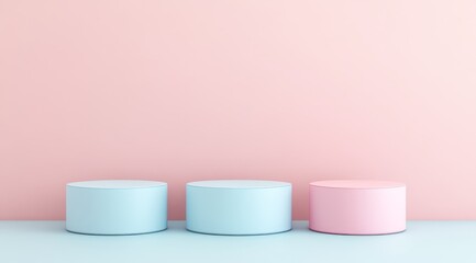Three pastel cylindrical podiums on a pink and blue background.