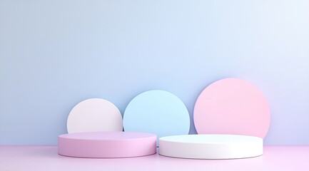 Fototapeta premium Pastel pink, blue, and white cylindrical display podiums against a light blue wall.