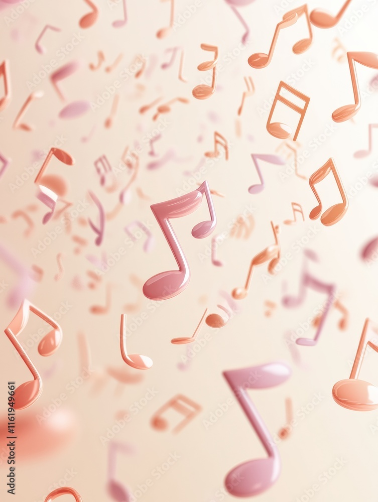 Poster 3d music notes cascading through a soft background creating a dreamy atmosphere for musical inspirat