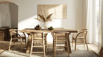 interior of modern living room with white walls, wooden floor, table and rattan chairs