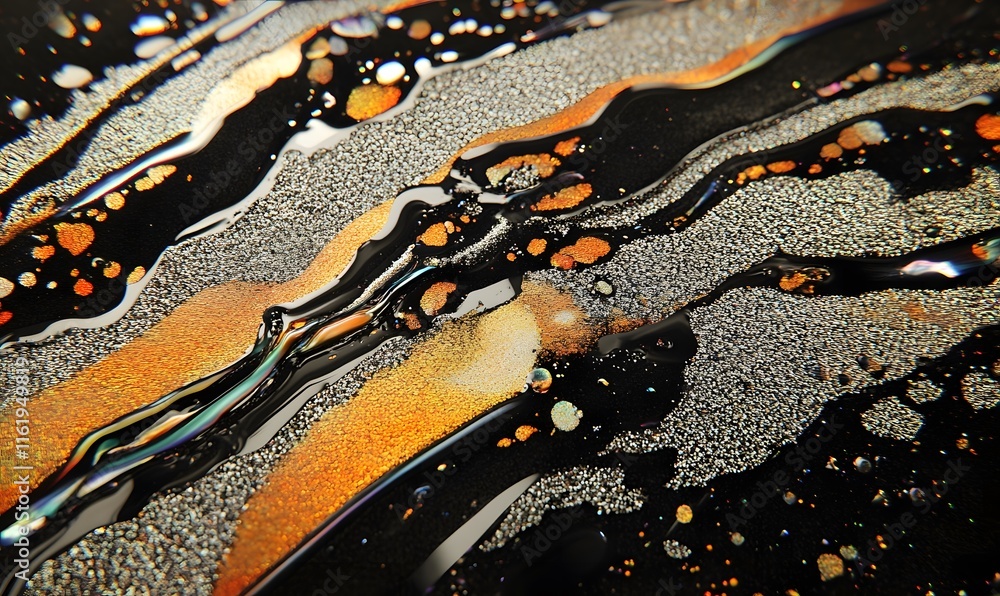 Poster abstract close-up of iridescent liquid with metallic particles.