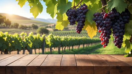 Wooden Board Empty Table with Grapevine Background Perfect for Product Display