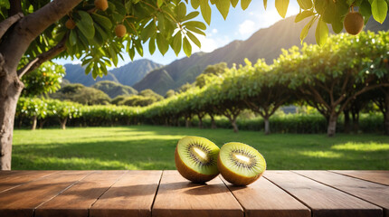 Wooden Board Empty Table with Kiwi Fruit Vine Background Ideal for Product Display