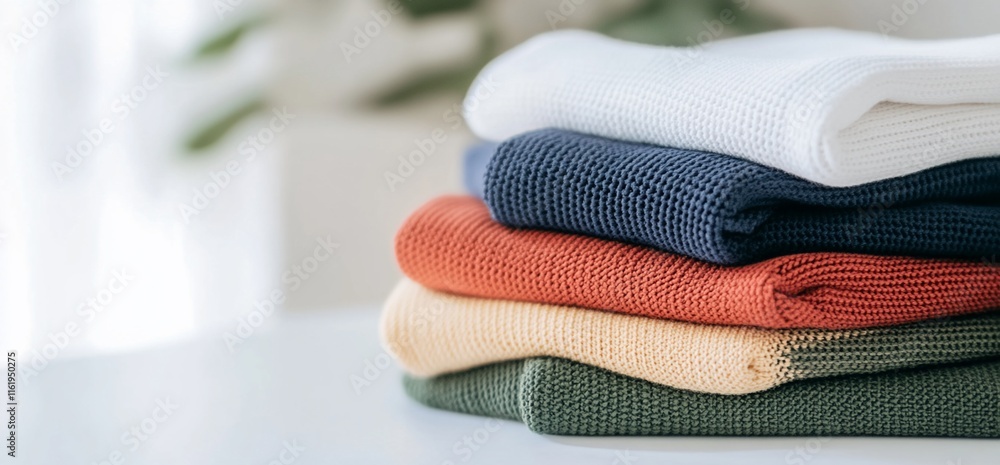 Poster a stack of neatly folded sweaters in various colors on a table.