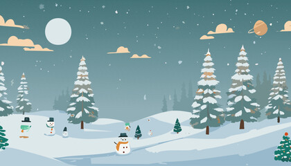 Winter landscape with snowman, snowman and fir trees. Vector illustration.