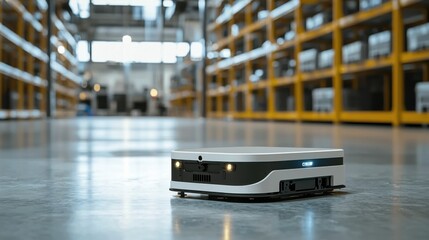 A robot navigates a warehouse aisle, showcasing automation in logistics and inventory management.
