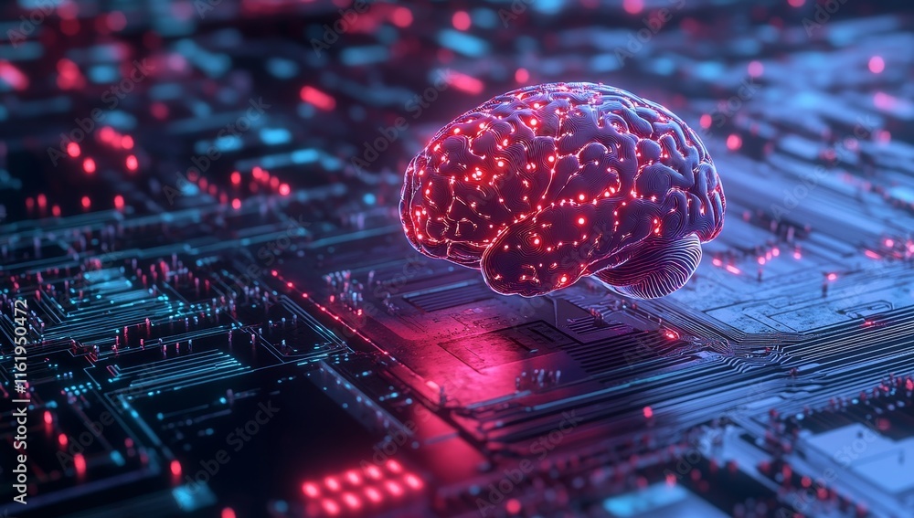 Poster glowing brain on a circuit board, representing ai and technology.