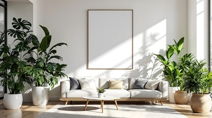 Scandinavian Living Room with Blank Frame Mockup and Tropical Plants, generative ai