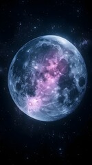 Dreamlike full moon with purple and blue hues in space.