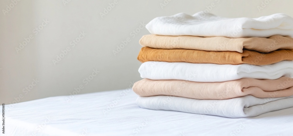 Poster a neatly stacked arrangement of folded linens in soft colors.