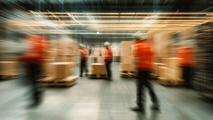 Blurred motion of workers in warehouse, handling cardboard boxes and pallets.