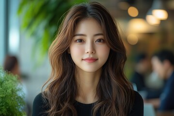 Obraz premium A woman with long brown hair and a smile on her face. Generative AI