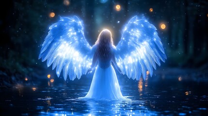 Woman with luminous wings standing in water at night.