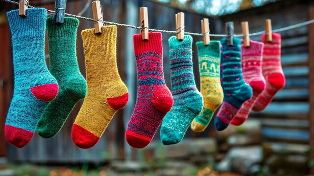 Colorful Knit Socks Drying on Clothesline Autumn Outdoors