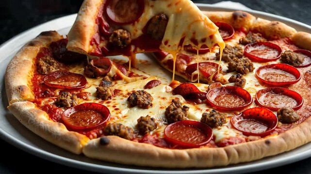 Video footage of delicious pepperoni and sausage pizza with melted cheese being lifted from a plate, showcasing a mouthwatering and indulgent slice with perfectly crisp crust