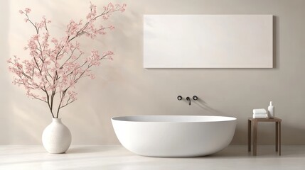 Beige Bathroom Interior with Bathtub and Accessories Mockup Frame