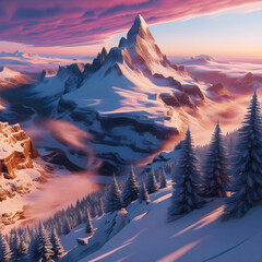 a majestic snow-covered mountain range at dawn, bathed in warm golden light that casts long shadows across the rugged terrain, with wispy mist swirling through the valleys