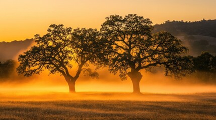 Fototapeta premium Golden Sunrise Illuminates Two Majestic Oaks In Misty Field