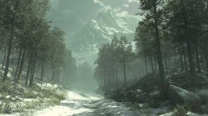 Naklejka premium Snowy Forest Path Leading to a Majestic Mountain