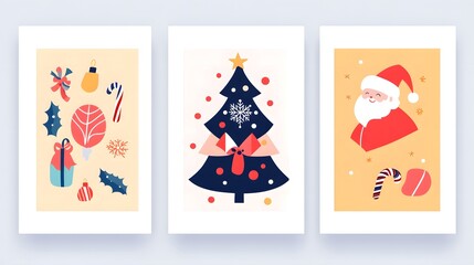 Festive Christmas Cards Featuring Holiday Icons and Santa