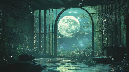 Overgrown Conservatory Moonlit Night Scene