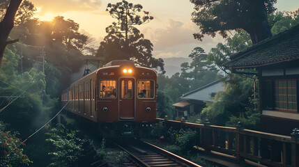 Fototapeta premium Local train Japanese village 